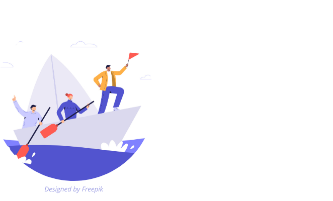 A group of three people in a boat, waving a flag.