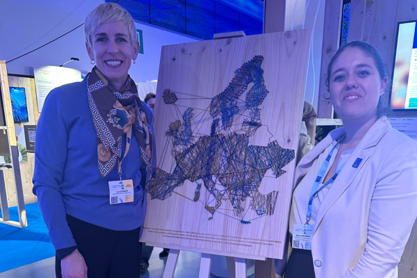 Two people standing by a pin board