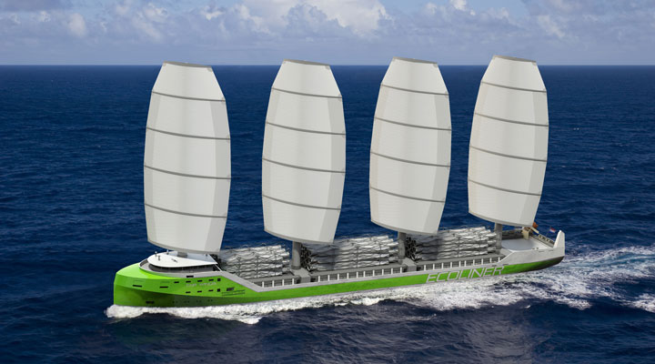 Illustration of the Ecoliner, a modern wind-assisted cargo ship with four sails.