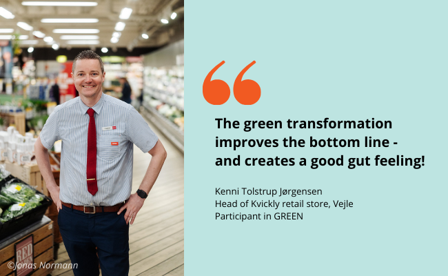 A smiling man in a supermarket next to his quote: "The green transformation improves the bottom line - and creates a good gut feeling!