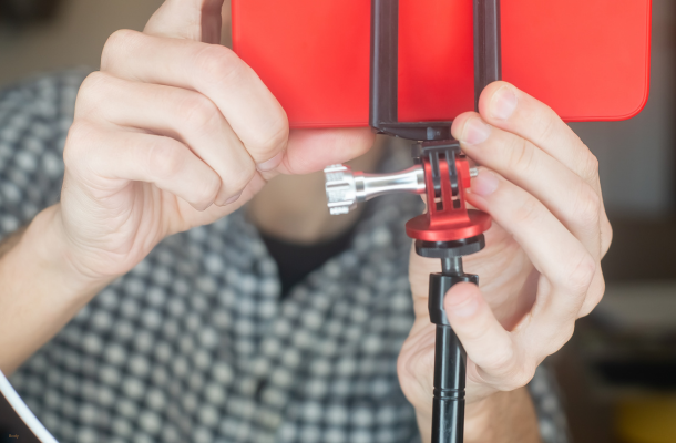 Man setting up camera