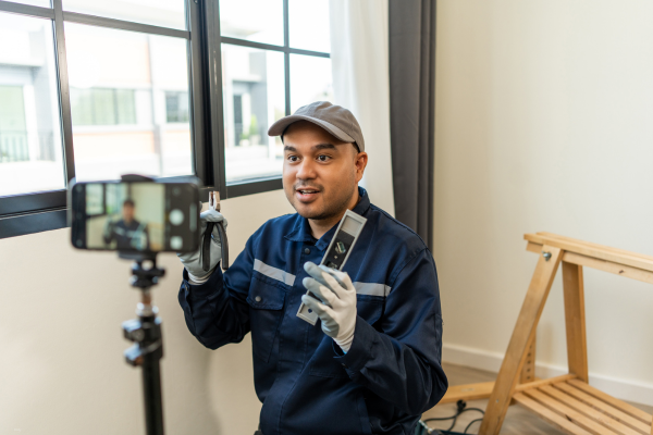 Man filming himself with mobile phone camera