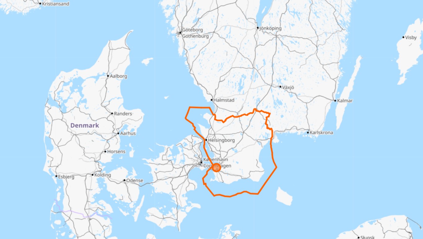 Map of Denmark and South Sweden with the administrativer border of Skane County