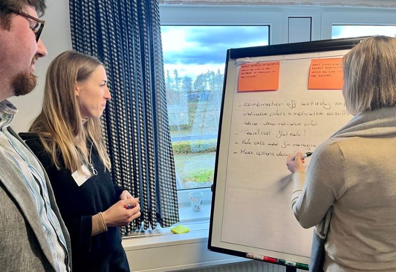 Three people looking at a flipchart with orange notes on it.