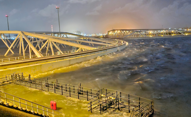 Sturm surge barrier in stormy weather.