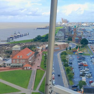 View from window looking out at water and port