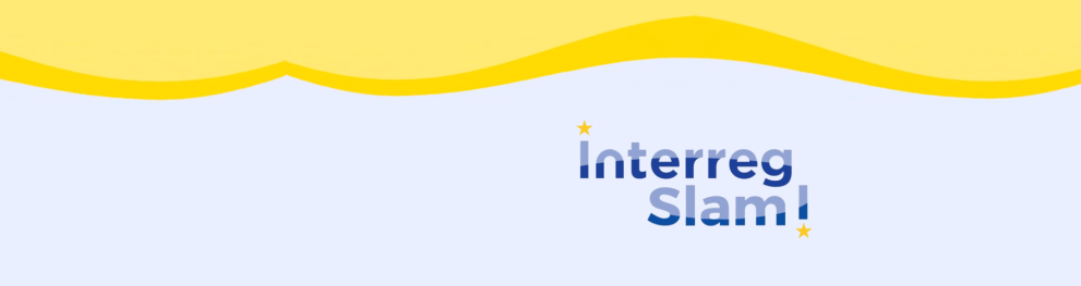 Text saying Interreg Slam on a graphic background using the EU colours blue and yellow.