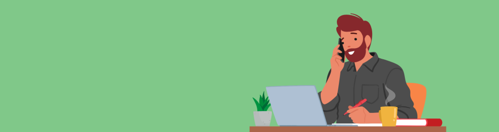 Illustration of a man speaking on this phone next to a laptop.